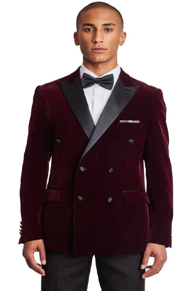 Double Breasted Tuxedo - Velvet Dinner Jacket with Pants in Color Maroon - Coat Size 38