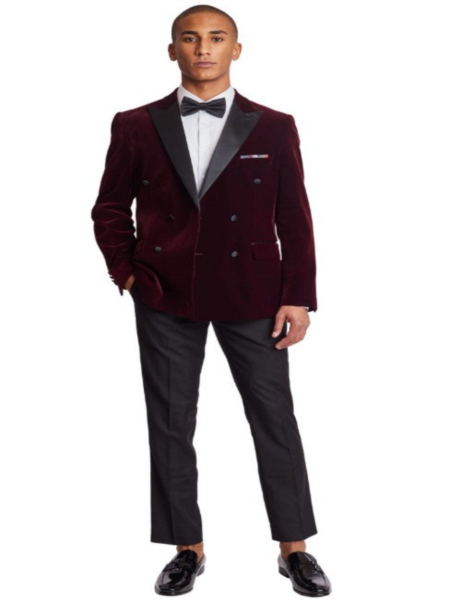 Double Breasted Tuxedo - Velvet Dinner Jacket with Pants in Color Maroon - Coat Size 38