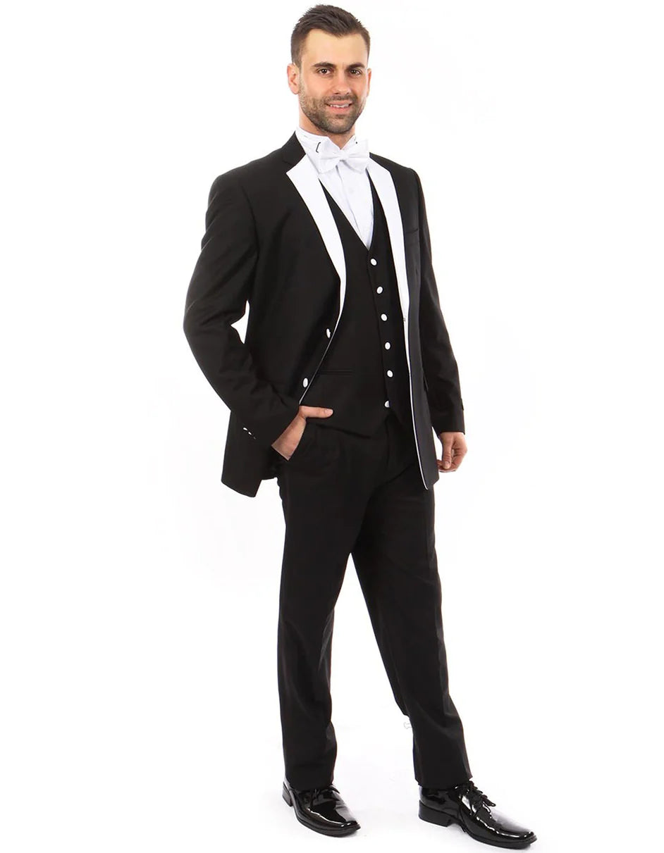 Mens Vested Modern Fit 2 Button Notch Wool Tuxedo in Black/White - Short 34