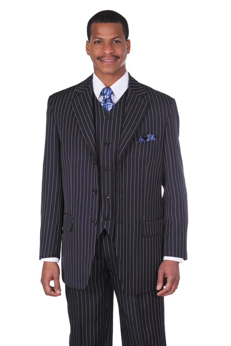 Mens 3 Button Vested 1920's Gangster Pinstripe Suit in Navy Pinstripe - 38 Short Jacket+32 Waist Adjustable 28to34)(Height: 5 4 to5 7 )(Neck 15-16.5)S-M)
