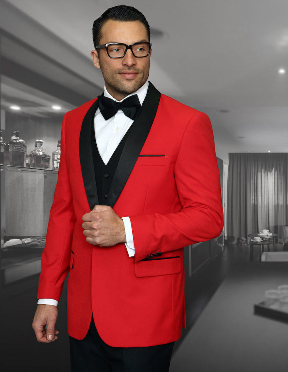 Mens Vested Wool Shawl Lapel Tuxedo in Red - 42 Short