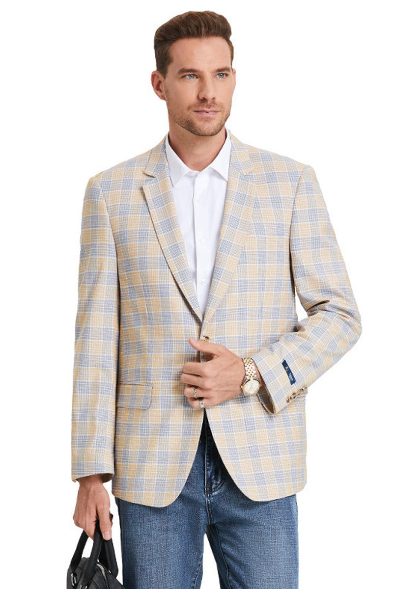 "Glen Plaid Men's Business Casual Sports Coat - Two Button, Tan & Blue"