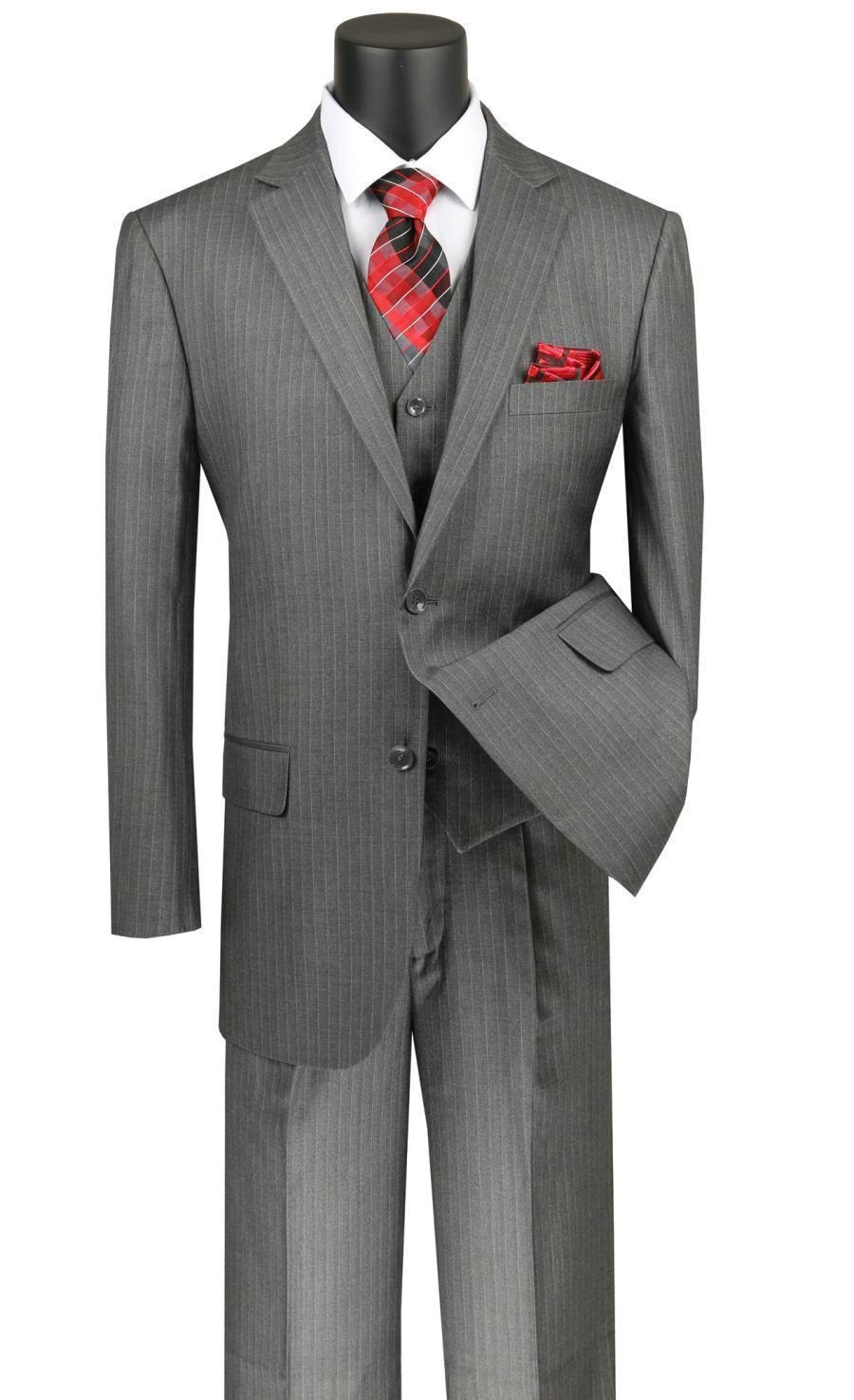 Sovana Collection - Regular Fit 3 Piece Suit 2 Button Tone on Tone Stripe in Gray - Gray
