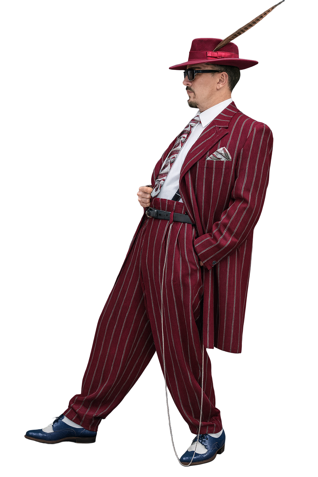 Burgundy Pinstripe Zoot Suit – 3 Piece 1920s/1930s Gangster Outfit (Jacket and Pants and Vest) Vintage Fashion - 34 Short or Extra Small