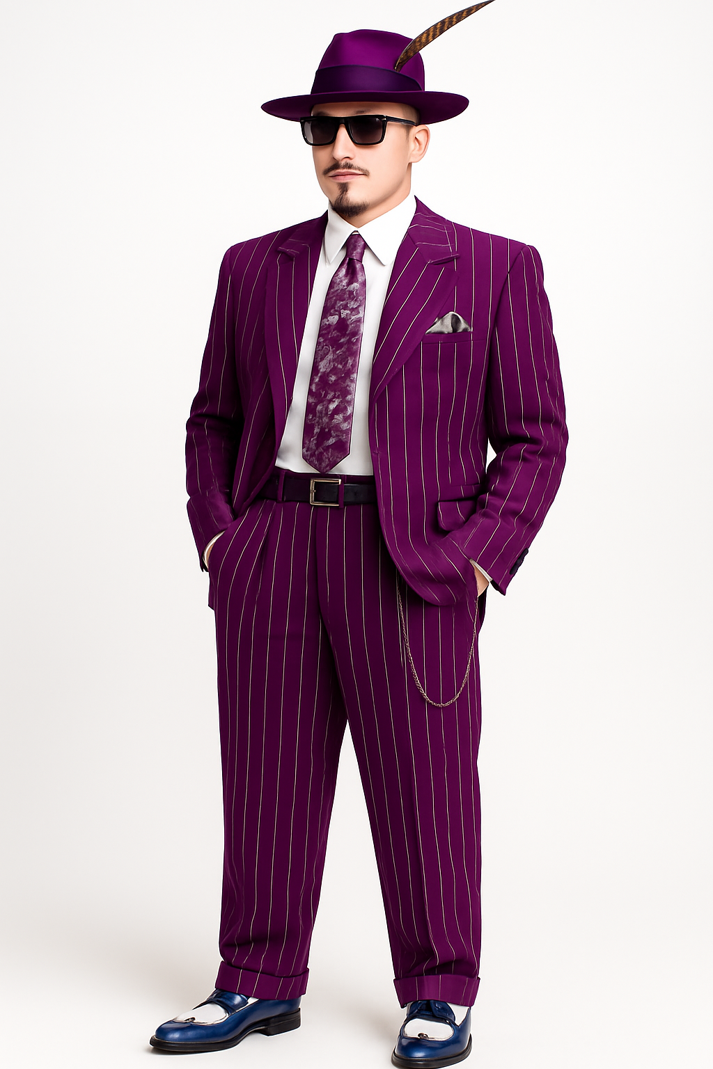 Purple Pinstripe Zoot Suit 3 Piece 1920s/1930s Gangster Outfit (Jacket and Pants and Vest) Vintage Fashion - 34 Short or Extra Small