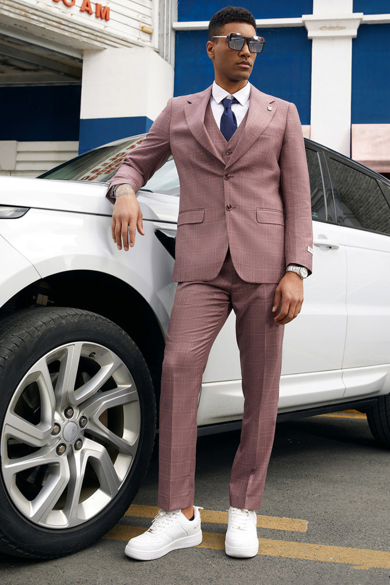 "Mens Stacy Adams Suit - Stacy Adams Suit Men's Vested Business Suit - Two Button, Mauve Plaid" - 34 Short