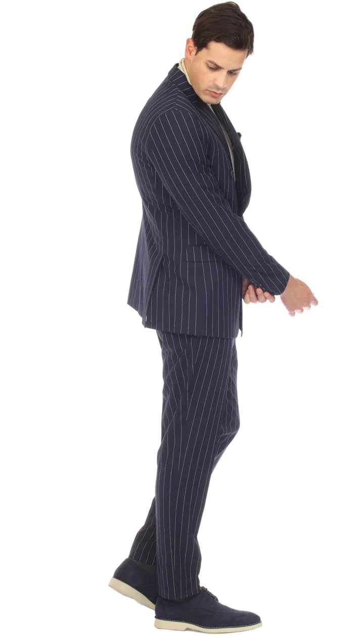 Newbury Navy White Mens 6 Button Slim Peak Lapel Suit With Double Breasted Suit Pick Stitching Ticket Pocket - 38 Short Jacket+32 Waist Adjustable 28to34)(Height: 5 4 to5 7 )(Neck 15-16.5)S-M)