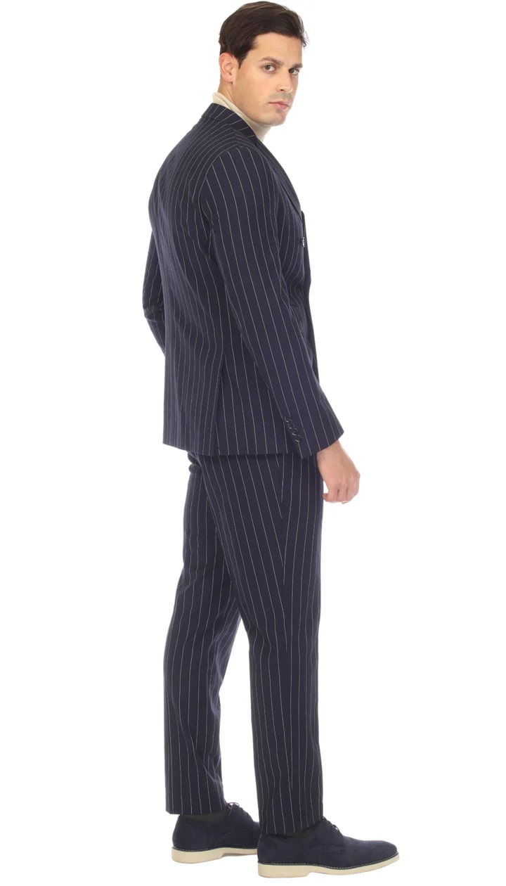 Newbury Navy White Mens 6 Button Slim Peak Lapel Suit With Double Breasted Suit Pick Stitching Ticket Pocket - 38 Short Jacket+32 Waist Adjustable 28to34)(Height: 5 4 to5 7 )(Neck 15-16.5)S-M)