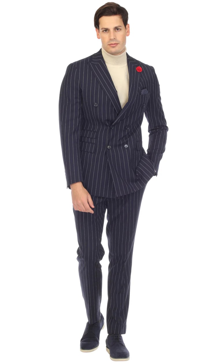 Newbury Navy White Mens 6 Button Slim Peak Lapel Suit With Double Breasted Suit Pick Stitching Ticket Pocket - 38 Short Jacket+32 Waist Adjustable 28to34)(Height: 5 4 to5 7 )(Neck 15-16.5)S-M)