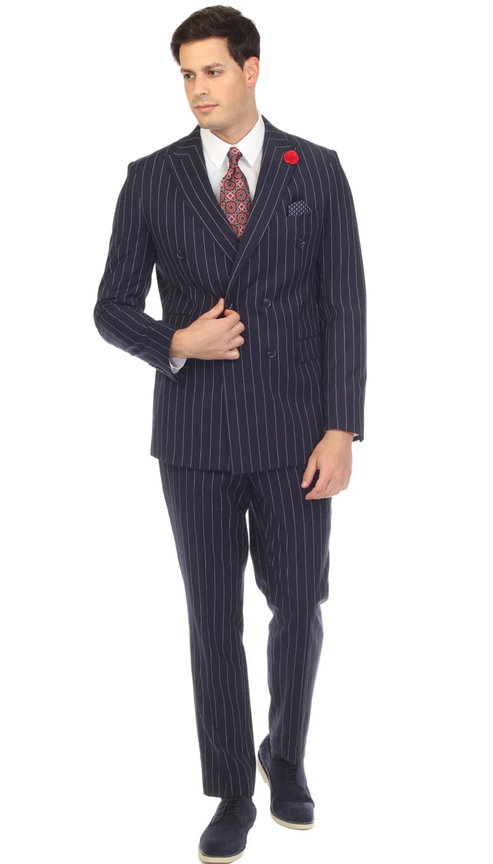 Newbury Navy White Mens 6 Button Slim Peak Lapel Suit With Double Breasted Suit Pick Stitching Ticket Pocket - 38 Short Jacket+32 Waist Adjustable 28to34)(Height: 5 4 to5 7 )(Neck 15-16.5)S-M)