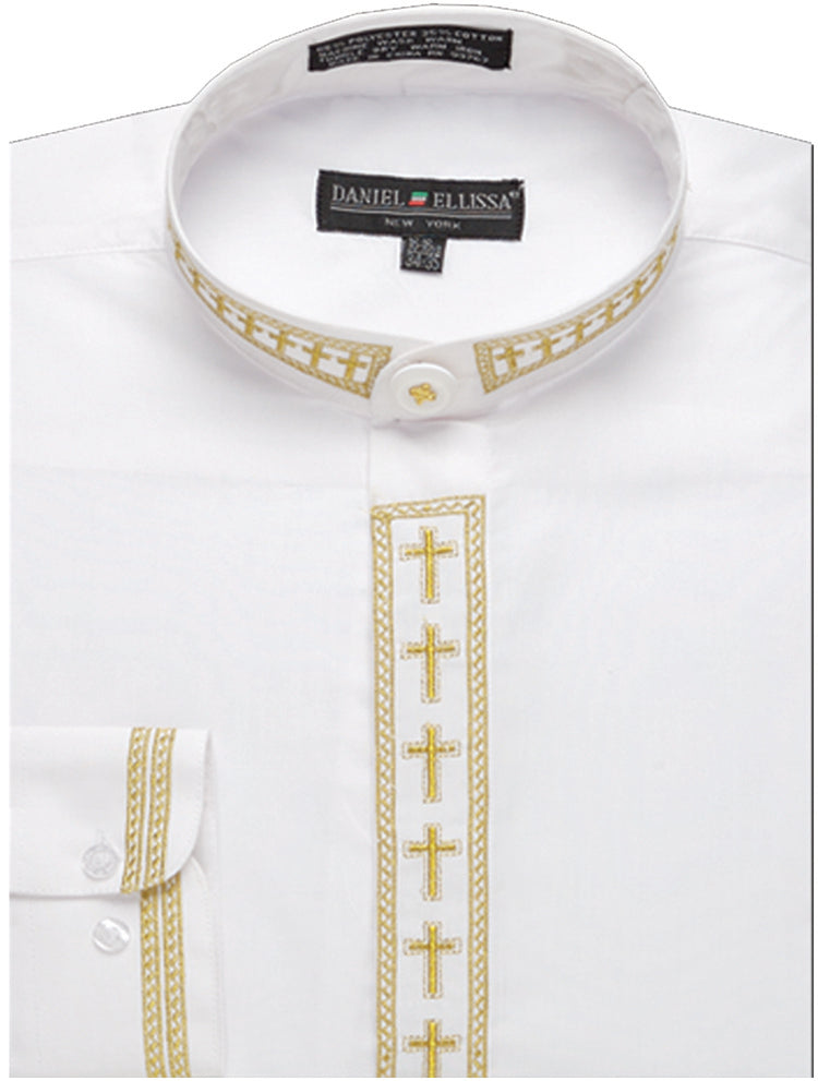 "Men's White & Gold Cross Embroidered Clergy Dress Shirt - Banded Collar"