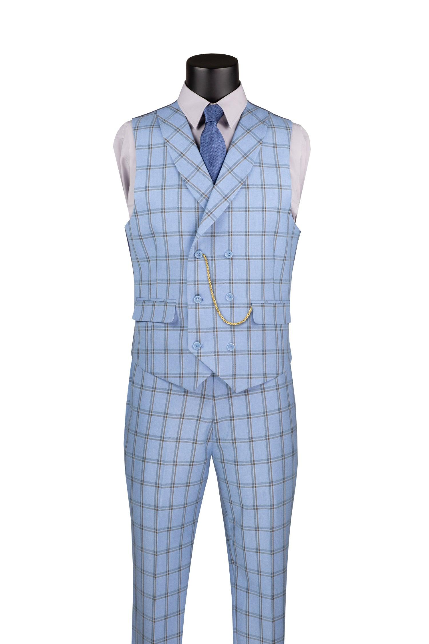 La Scale Collection-Windowpane Three Piece Suit - Light Blue - 36 Short - 30 Waist