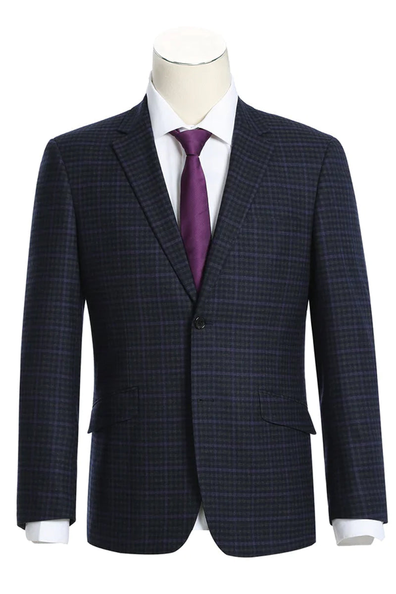 Slim Fit Two-Button Wool Suit for Men - Navy Blue & Purple Check Plaid