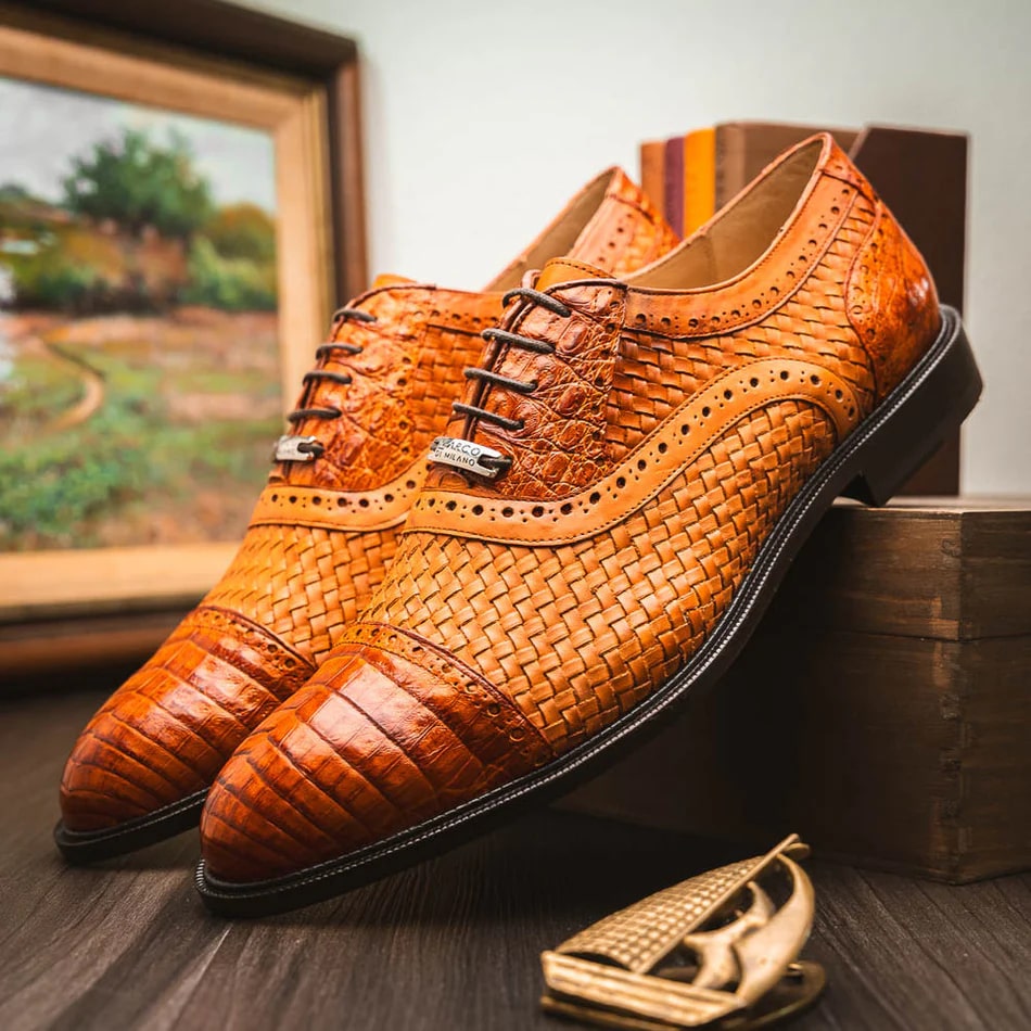 Marco Di Milano John Men's Shoes Exotic Caiman Crocodile / Woven Leather Dress Oxfords - 8.5