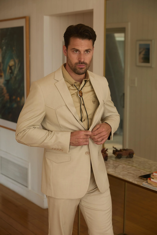 Mens Western Beige Suit with Elbow Patches β Classic Smart Casual Style