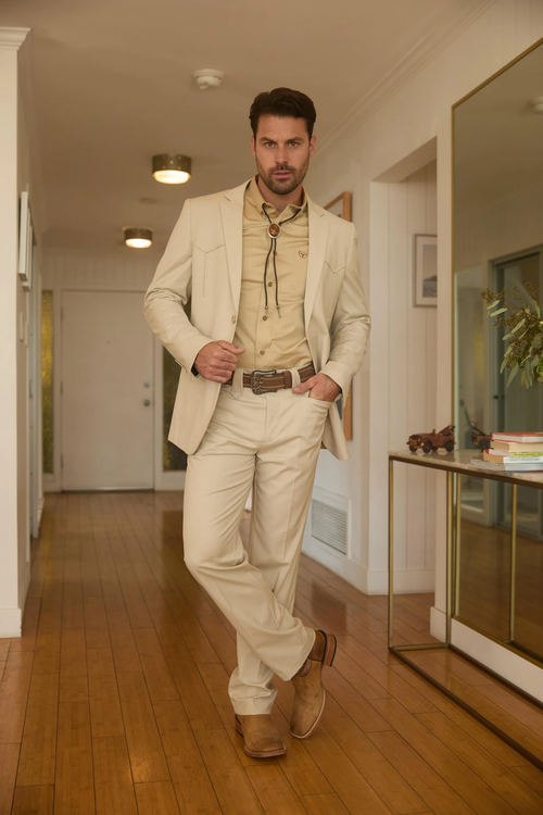 Mens Western Beige Suit with Elbow Patches β Classic Smart Casual Style