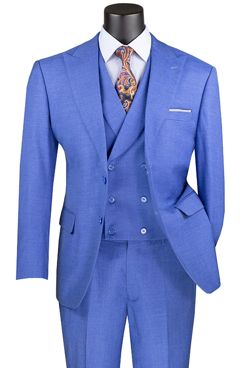 "Sharkskin Men's Suit with Double Breasted Vest - Summer French Blue" - 38 Regular