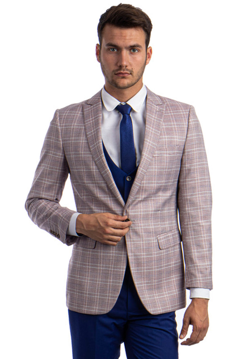 "Peak Lapel Pink Glen Plaid Men's Suit with Double Breasted Vest"