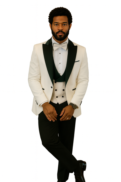 Hilton White and Black Paisley Peak Lapel Tuxedo Jacket with Matching Shawl Vest and Wool Pants Includes Bow Tie