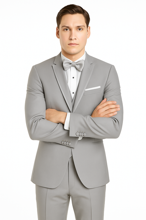 Mens Designer Marseille One Button Satin Trimmed Peak Tuxedo Light Grey