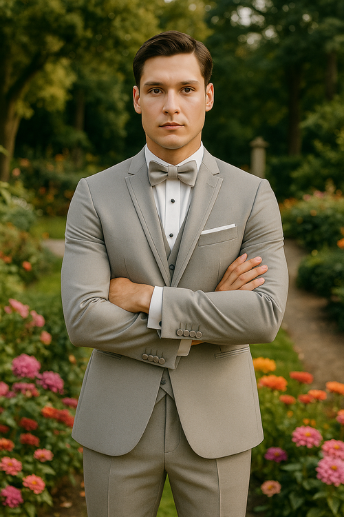 Mens Designer Marseille One Button Satin Trimmed Peak Tuxedo Light Grey