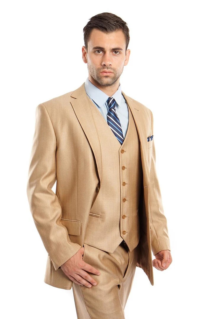 Cheap Priced Suit - Men's Two Button Vested Textured Sharkskin Business Wheat Suit