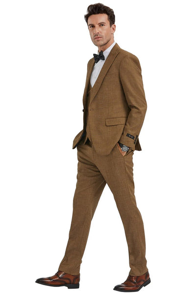 Cheap priced Suit - Men's Slim Fit One Button Peak Lapel Double Breasted Vest Wheat Sharkskin