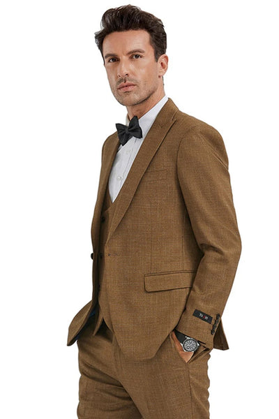 Cheap priced Suit - Men's Slim Fit One Button Peak Lapel Double Breasted Vest Wheat Sharkskin
