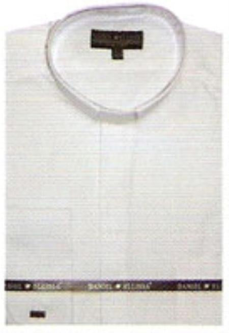 collarless dress shirt white Men's 65% Poly Banded Collar Mandarin Collarless Preacher Round Style White Dress Shirt L Or Large