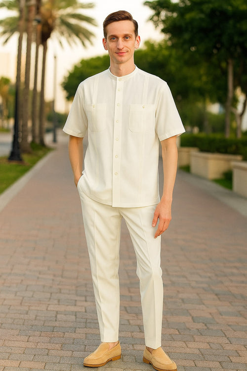 Mens White Banded Collar Two-Piece Set Short Sleeve Shirt and Pants Banded Collar Linen Fabric