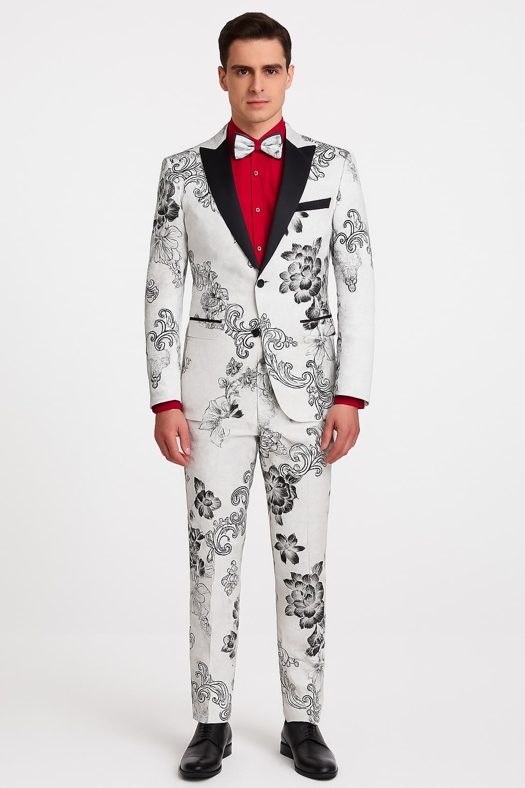 Mens White Floral Tuxedo with Black Lapel – 3-Piece Designer Prom Suit Wedding Suit - 34 Short or Extra Small