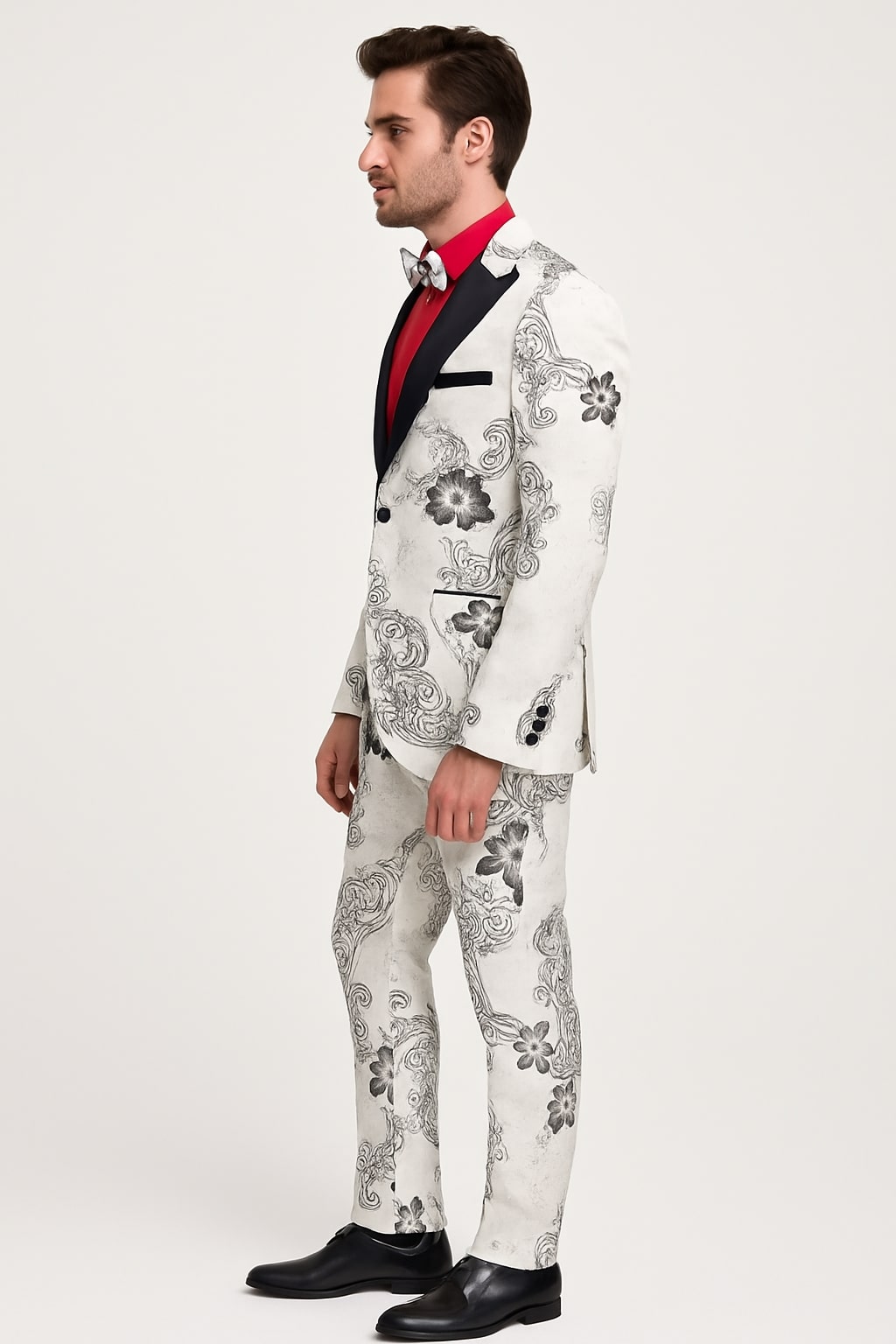 Mens White Floral Tuxedo with Black Lapel – 3-Piece Designer Prom Suit Wedding Suit - 34 Short or Extra Small
