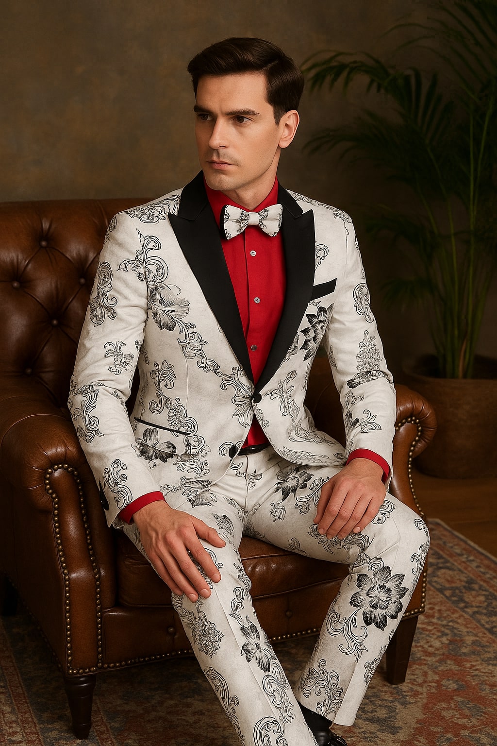 Mens White Floral Tuxedo with Black Lapel – 3-Piece Designer Prom Suit Wedding Suit - 34 Short or Extra Small