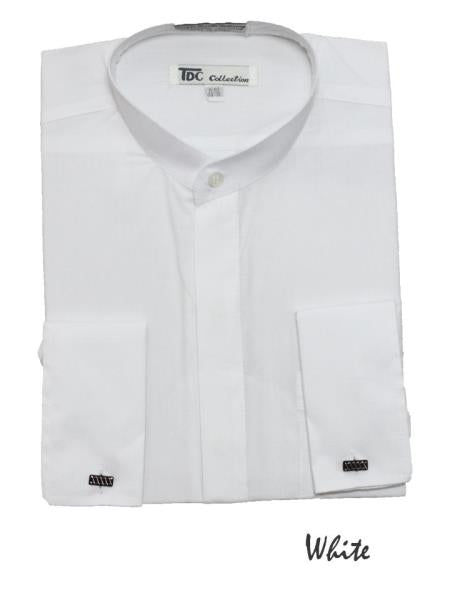 Fashion Hidden Button French Cuff Mandarin Collarless Dress Preacher Round Style Shirt White Men's Dress Shirt