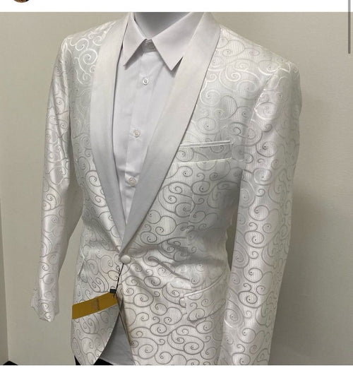 Mens White Swirl Pattern Tuxedo Jacket with White Satin Shawl Lapel