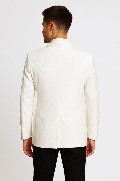 Mens White Swirl Pattern Tuxedo Jacket with White Satin Shawl Lapel