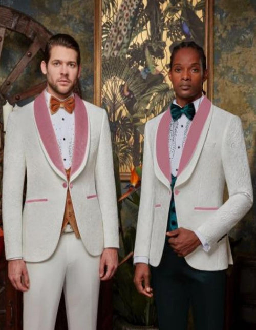 WHITE AND PINK TUXEDO - PROM SUIT (JACKET + PANTS + VEST + BOWTIE PACKAGE
