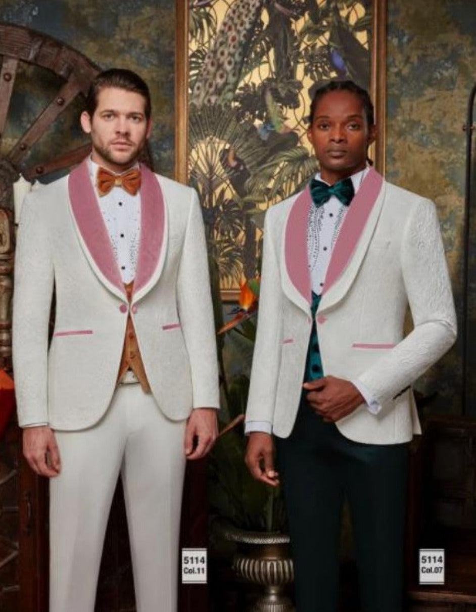 White and Rose Gold Tuxedo Suit - Wedding Groom Vested Suit - 34 Short or Extra Small