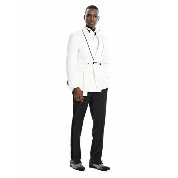 Knot Side Textured Paisley 2pc Tuxedo, White - 38 Short Jacket+32 Waist Adjustable 28to34)(Height: 5 4 to5 7 )(Neck 15-16.5)S-M)