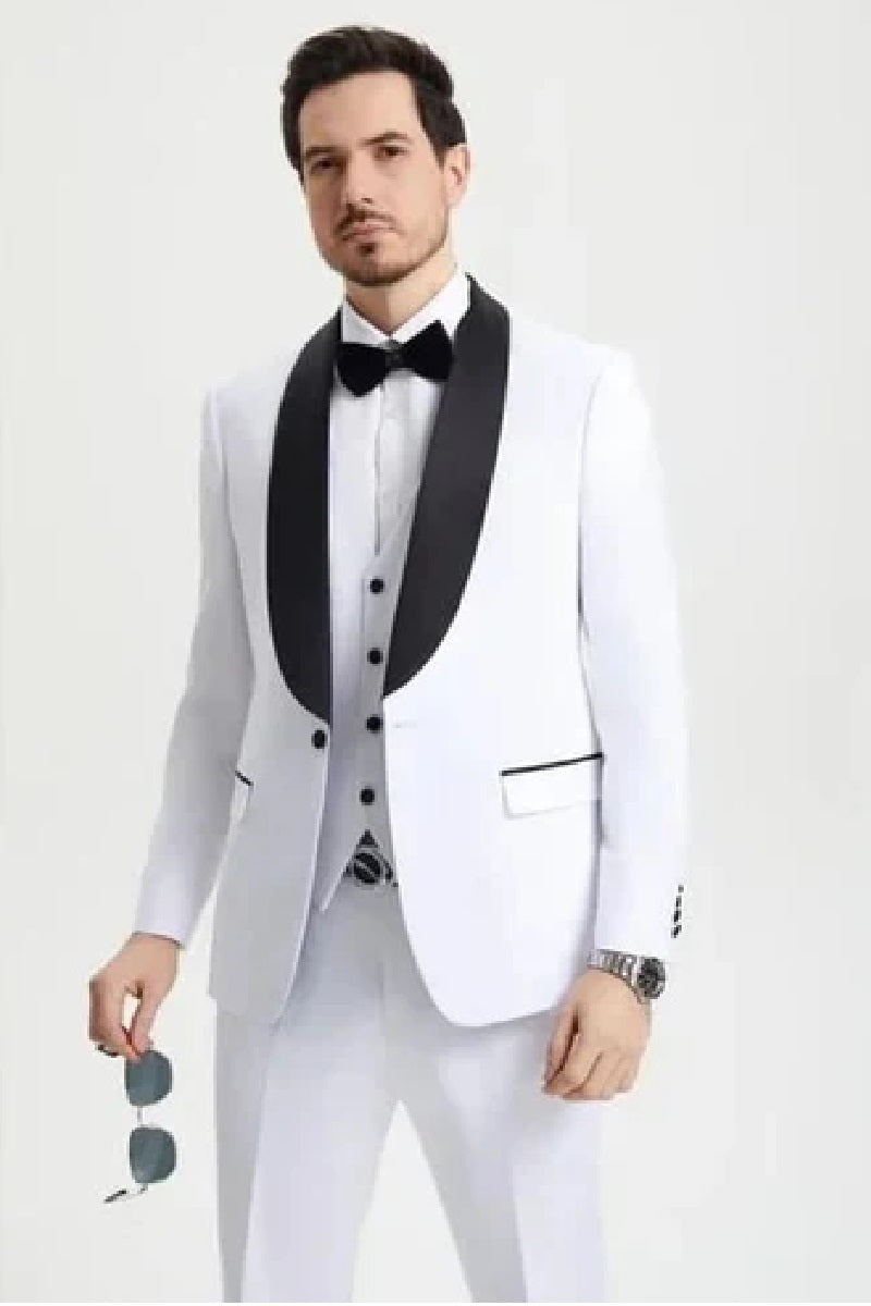 Stacy Adams 3pc Tuxedo Shawl Lapel, Snow White - 38 Short Jacket+32 Waist Adjustable 28to34)(Height: 5 4 to5 7 )(Neck 15-16.5)S-M)