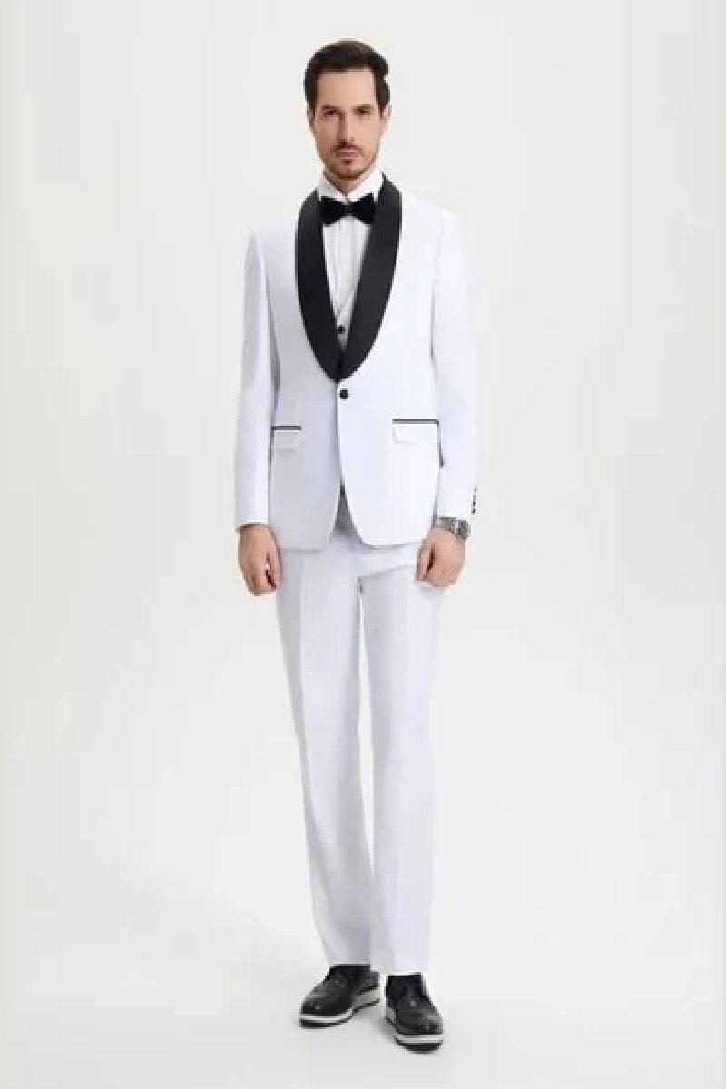 Stacy Adams 3pc Tuxedo Shawl Lapel, Snow White - 38 Short Jacket+32 Waist Adjustable 28to34)(Height: 5 4 to5 7 )(Neck 15-16.5)S-M)