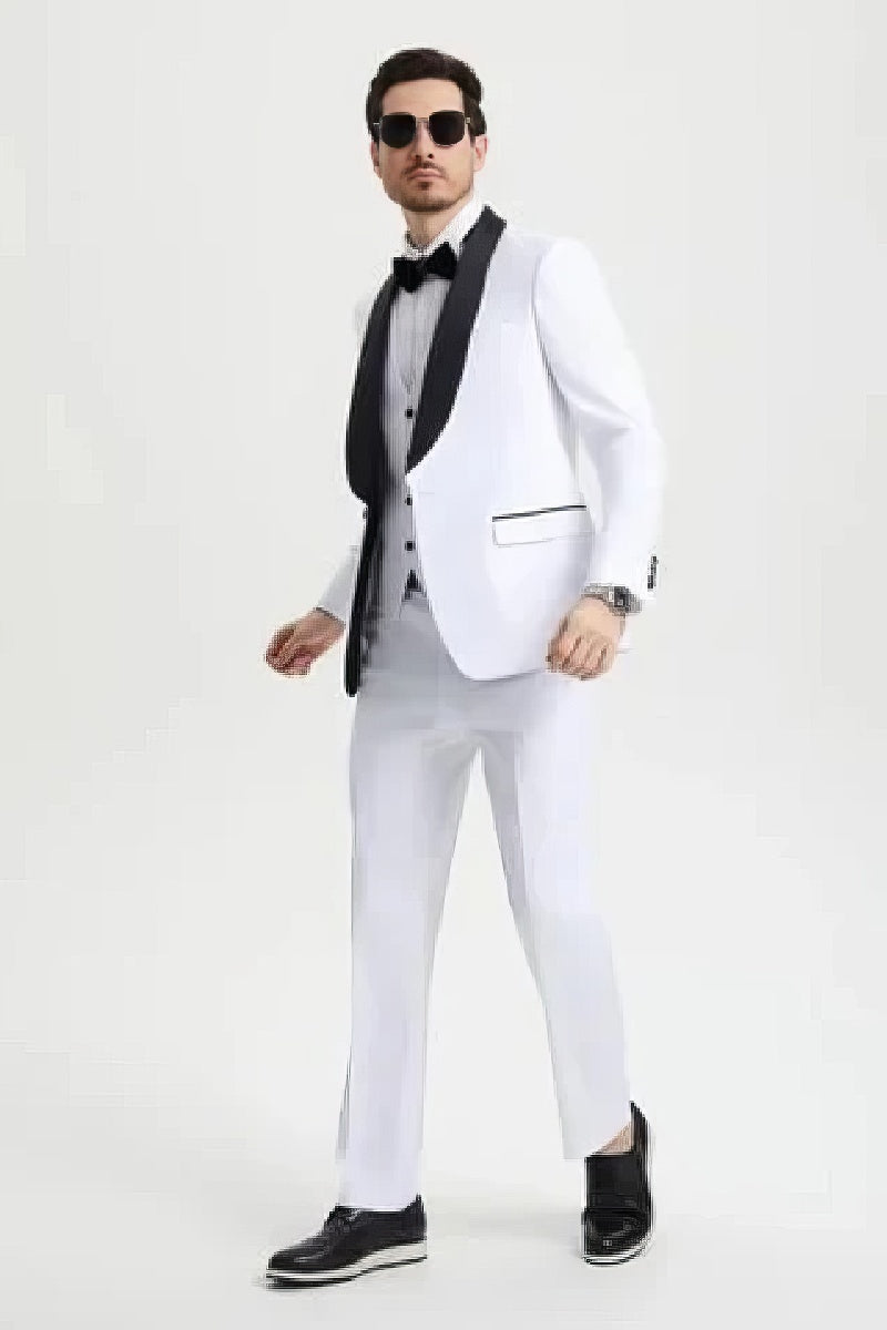 Stacy Adams 3pc Tuxedo Shawl Lapel, Snow White - 38 Short Jacket+32 Waist Adjustable 28to34)(Height: 5 4 to5 7 )(Neck 15-16.5)S-M)