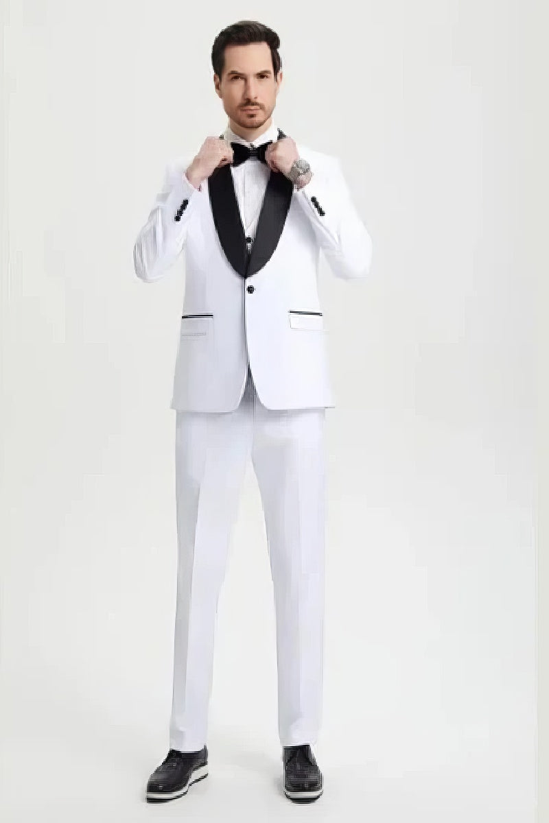 Stacy Adams 3pc Tuxedo Shawl Lapel, Snow White - 38 Short Jacket+32 Waist Adjustable 28to34)(Height: 5 4 to5 7 )(Neck 15-16.5)S-M)