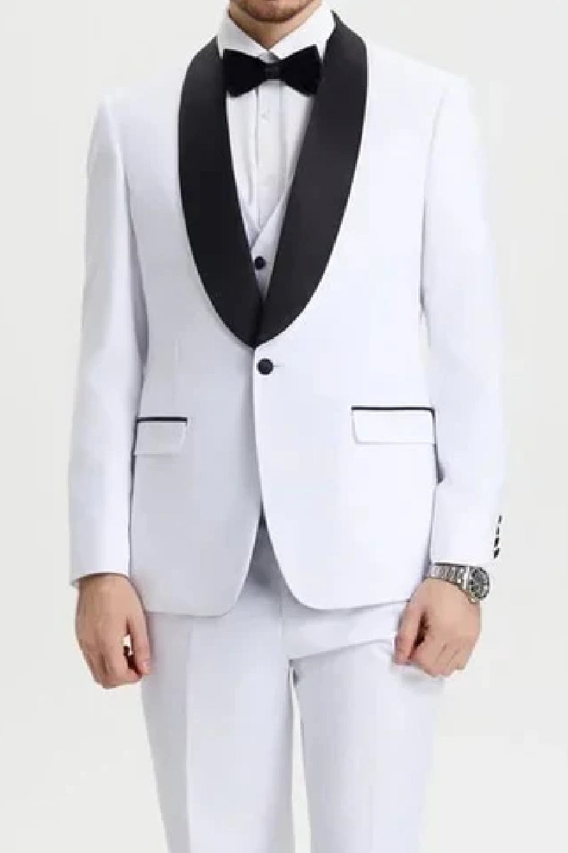 Stacy Adams 3pc Tuxedo Shawl Lapel, Snow White - 38 Short Jacket+32 Waist Adjustable 28to34)(Height: 5 4 to5 7 )(Neck 15-16.5)S-M)