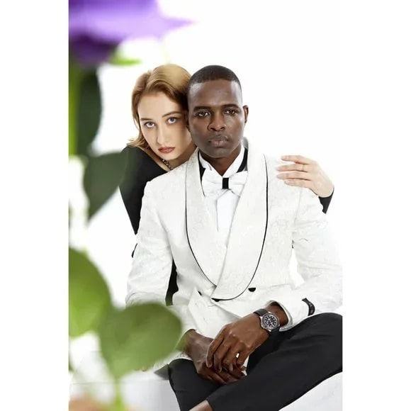 Knot Side Textured Paisley 2pc Tuxedo, White - 38 Short Jacket+32 Waist Adjustable 28to34)(Height: 5 4 to5 7 )(Neck 15-16.5)S-M)