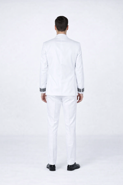 Mens White Peak Lapel Tuxedo with Stones Luxury 4-Piece Formal Suit