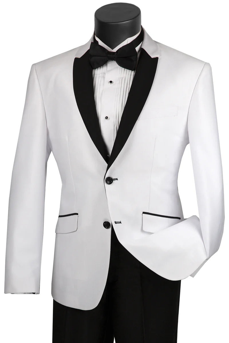 Mens 2 Buttton Slim Contrast Peak Lapel Tuxedo in White