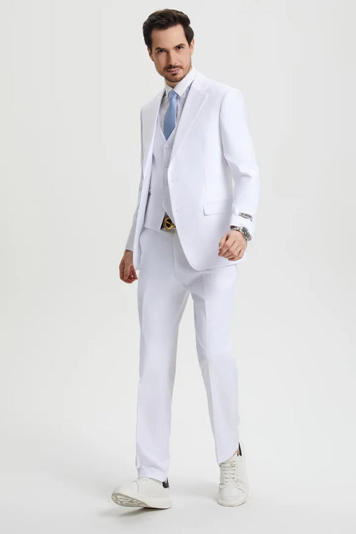 Cheap Priced Suit- Men's Two Button Vested Stacy Adams Basic Designer Sharkskin White Suit