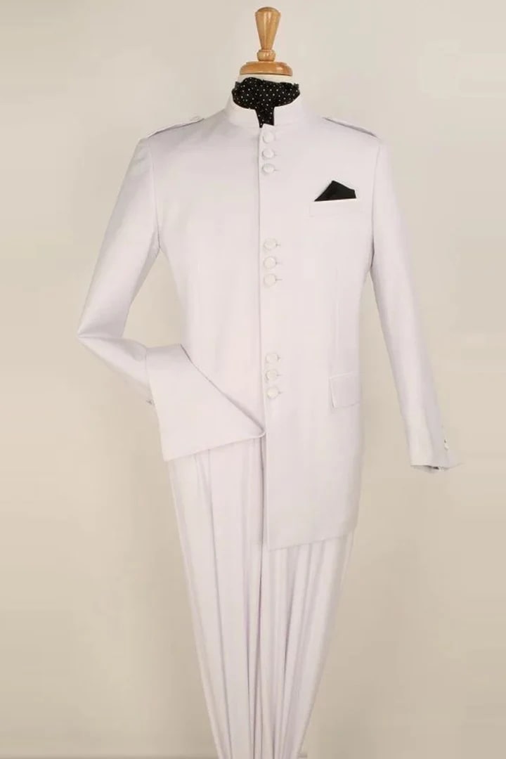 Cheap Priced Suit  - Mens Classic Military Banded Collar Mandarin Safari White Suit - 38 Short Jacket+32 Waist Adjustable 28to34)(Height: 5 4 to5 7 )(Neck  15-16.5)S-M)