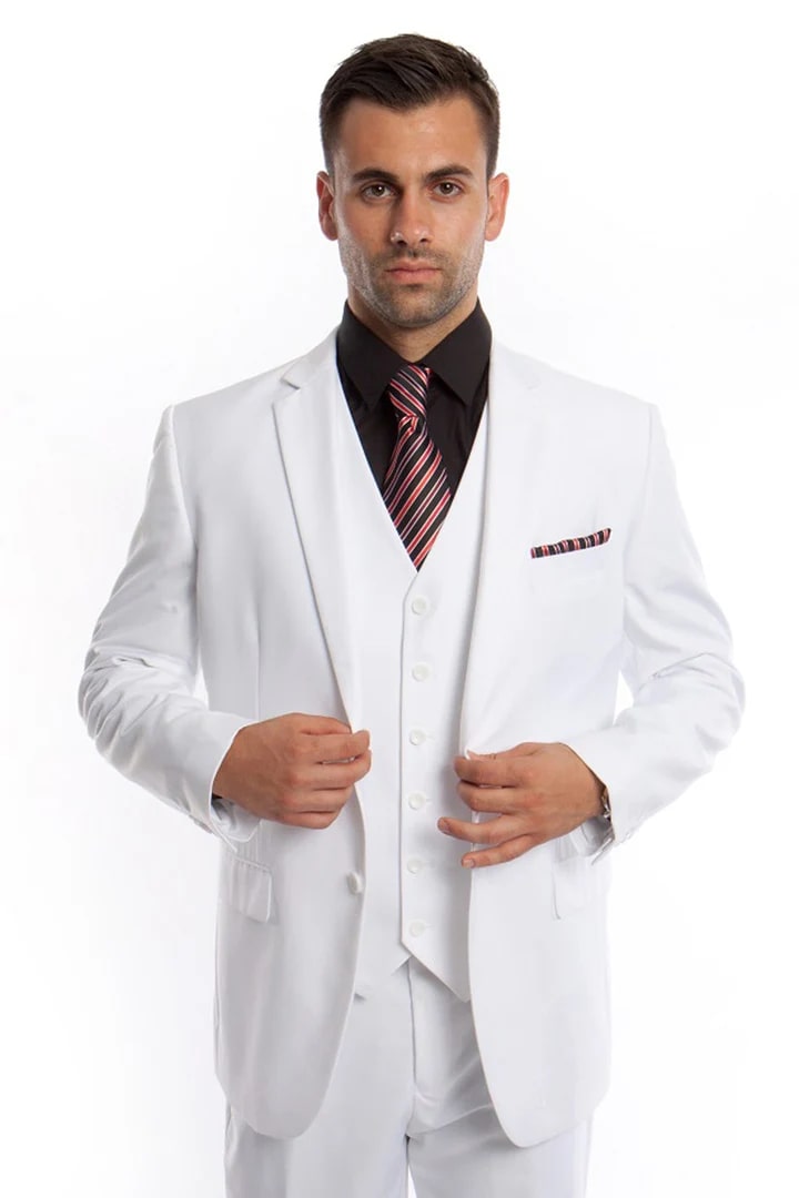 Cheap priced Suit - Men's Vested Two Button Solid Color Wedding & Business White Suit